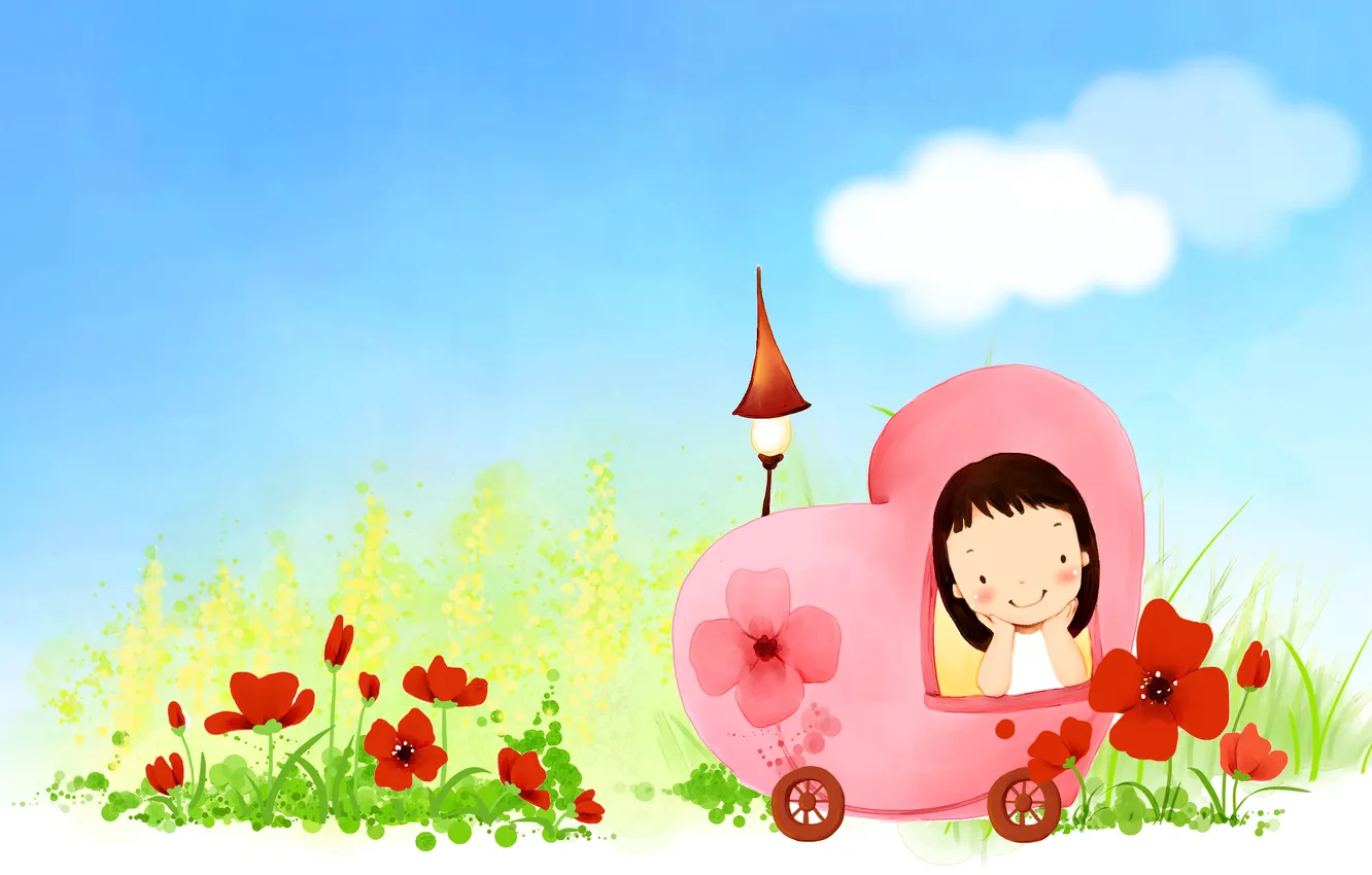 Photo wallpaper clouds, flowers, smile, flashlight, girl, car, baby Wallpaper