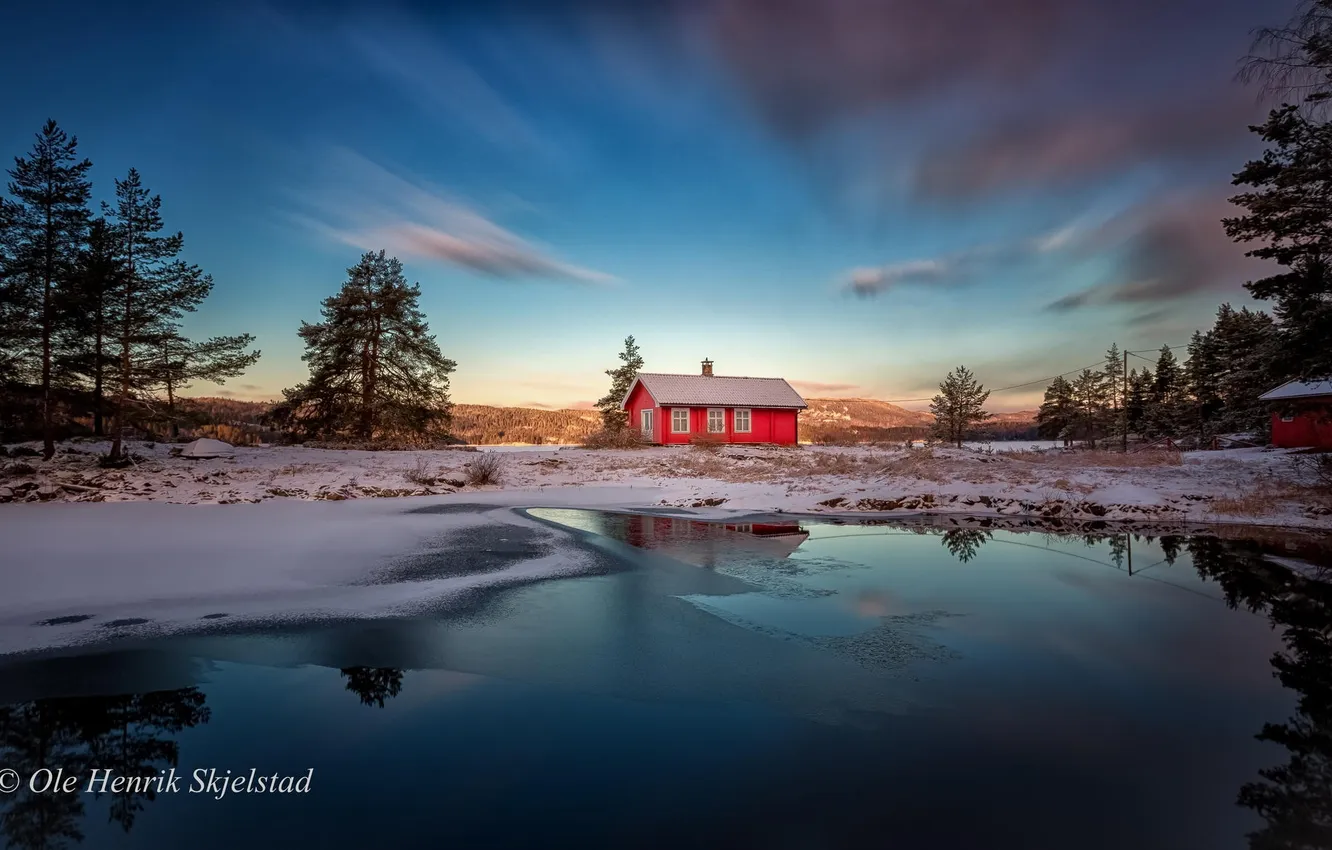 Photo wallpaper winter, forest, sunset, mountains, nature, lake, home