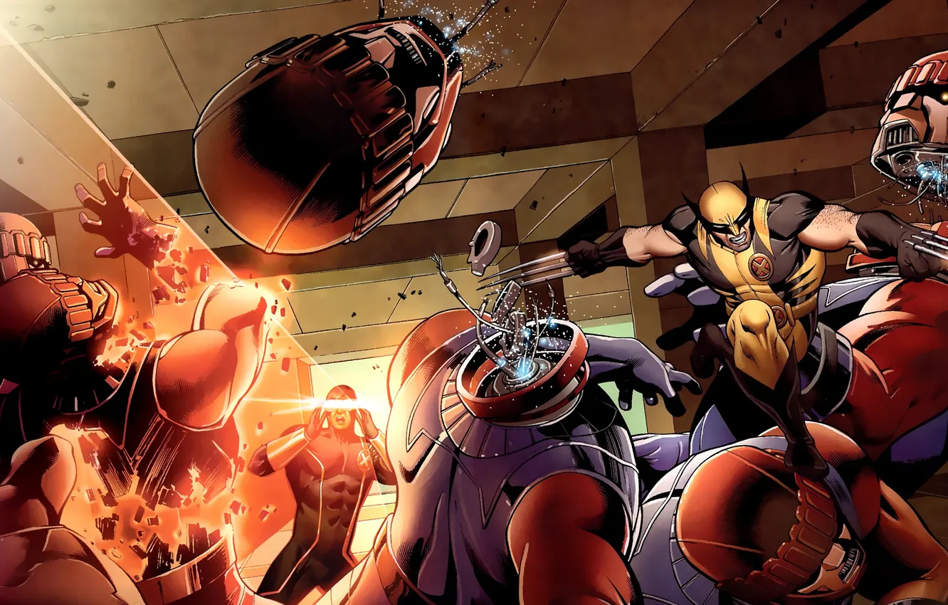 Photo wallpaper robots, battle, wolverine, marvel, comic, comics, Wolverine, cyclops