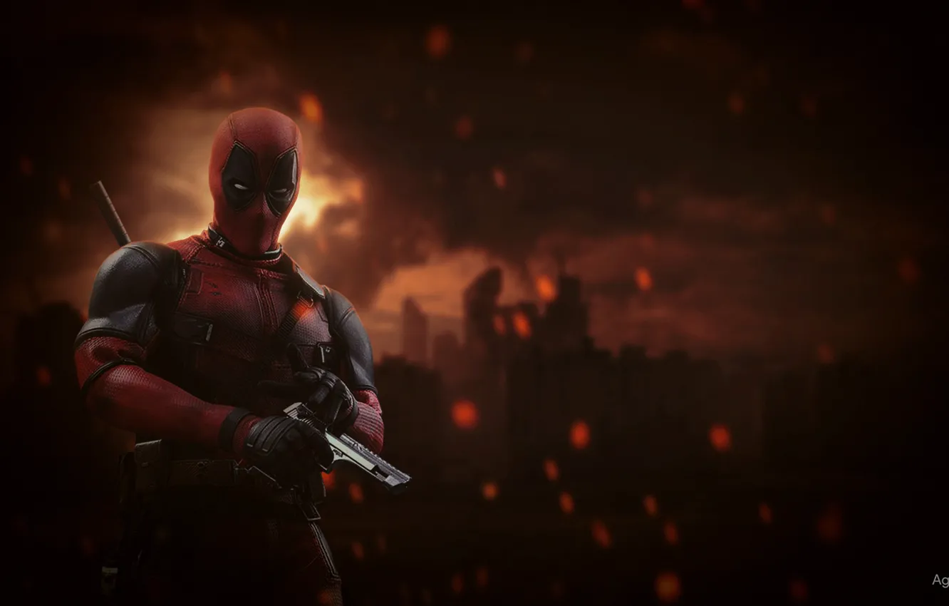 Photo wallpaper sunset, the city, madness, Deadpool, Marvel, Deadpool, comic, Deadpool