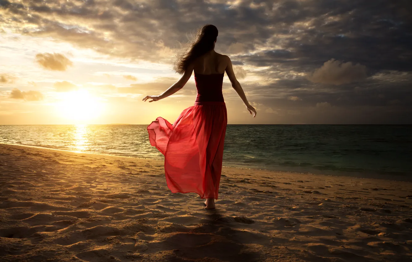 Photo wallpaper sand, beach, the sky, water, the sun, clouds, pose, Girl