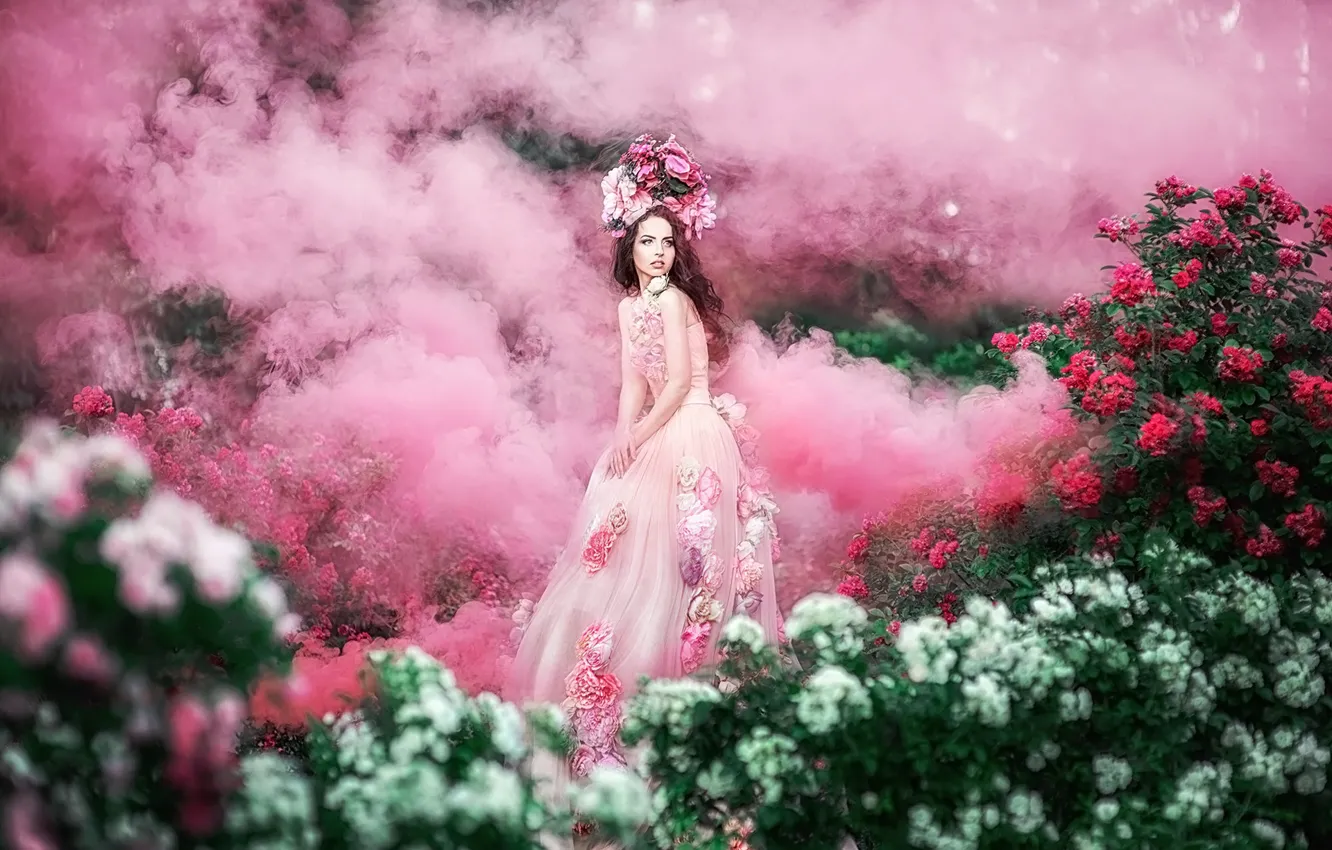 Photo wallpaper look, girl, flowers, pose, fog, pink, smoke, garden