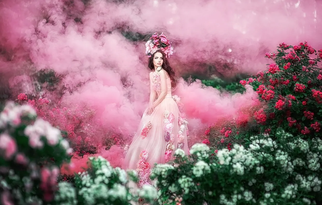 Photo wallpaper look, girl, flowers, red, pose, fog, smoke, garden