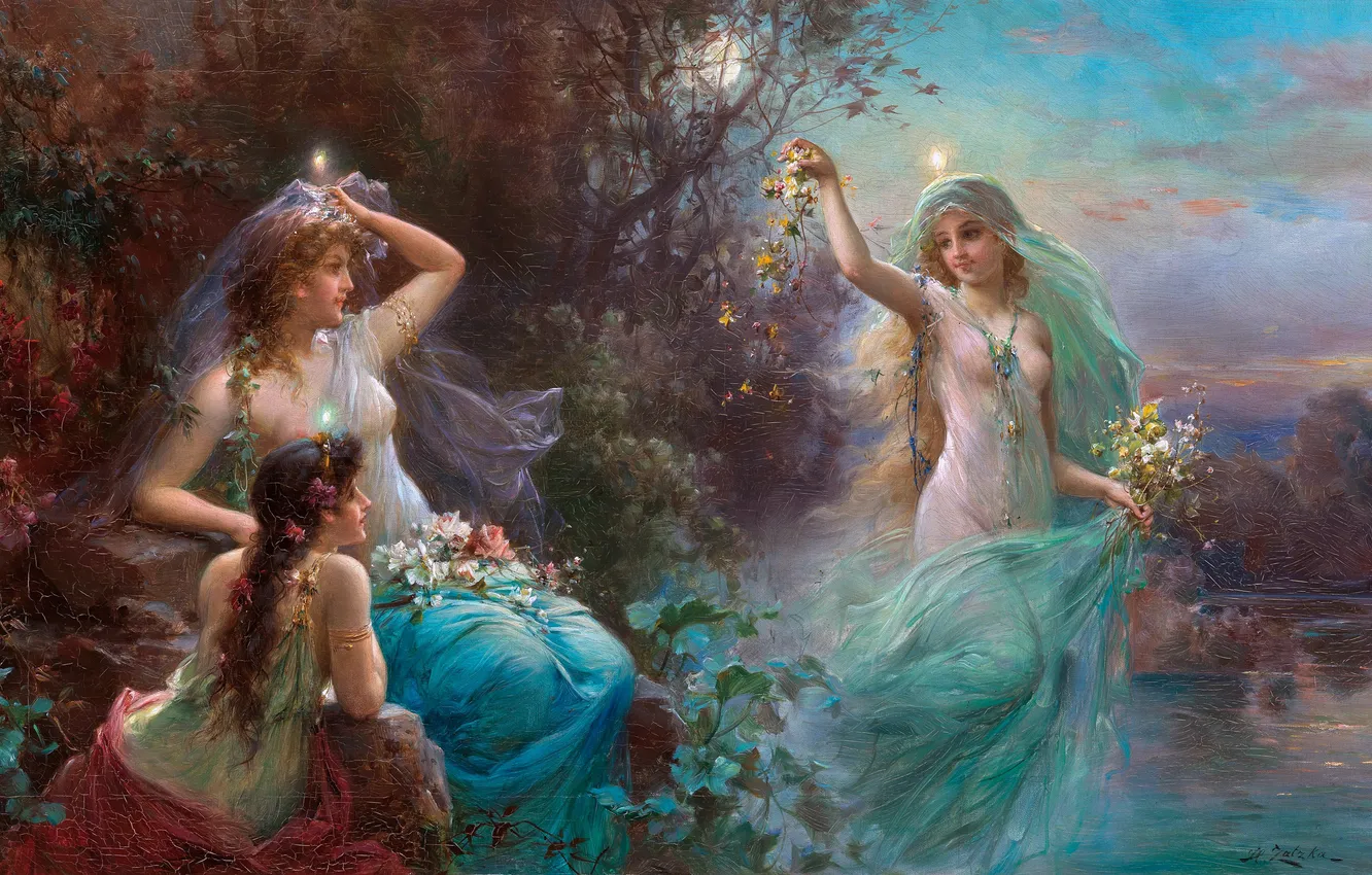 Photo wallpaper Girls, Lake, Trees, Picture, Hans Zatzka, Austrian artist, Hans Zacka, Nymphs at dawn