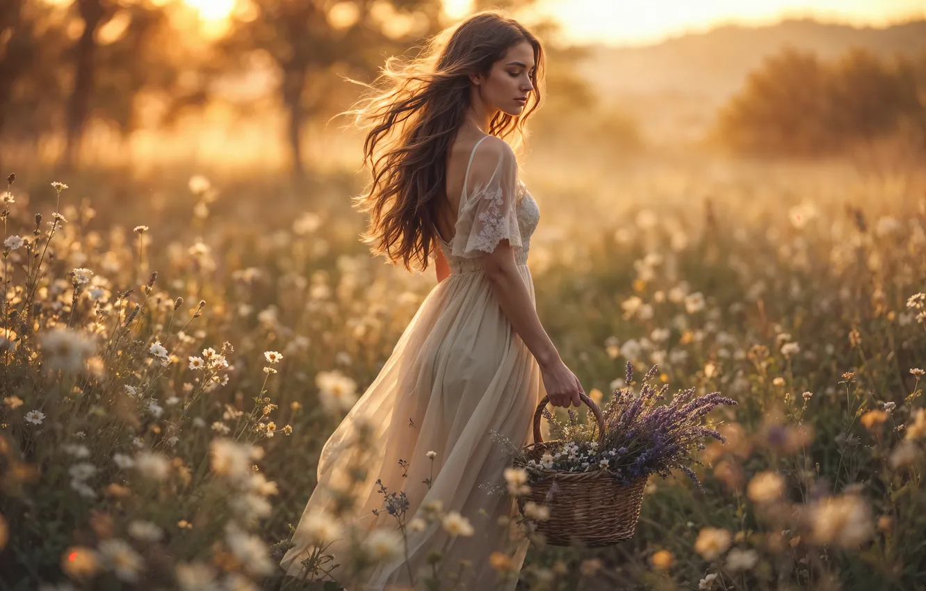 Photo wallpaper field, girl, flowers, nature, pose, fog, dawn, bouquet