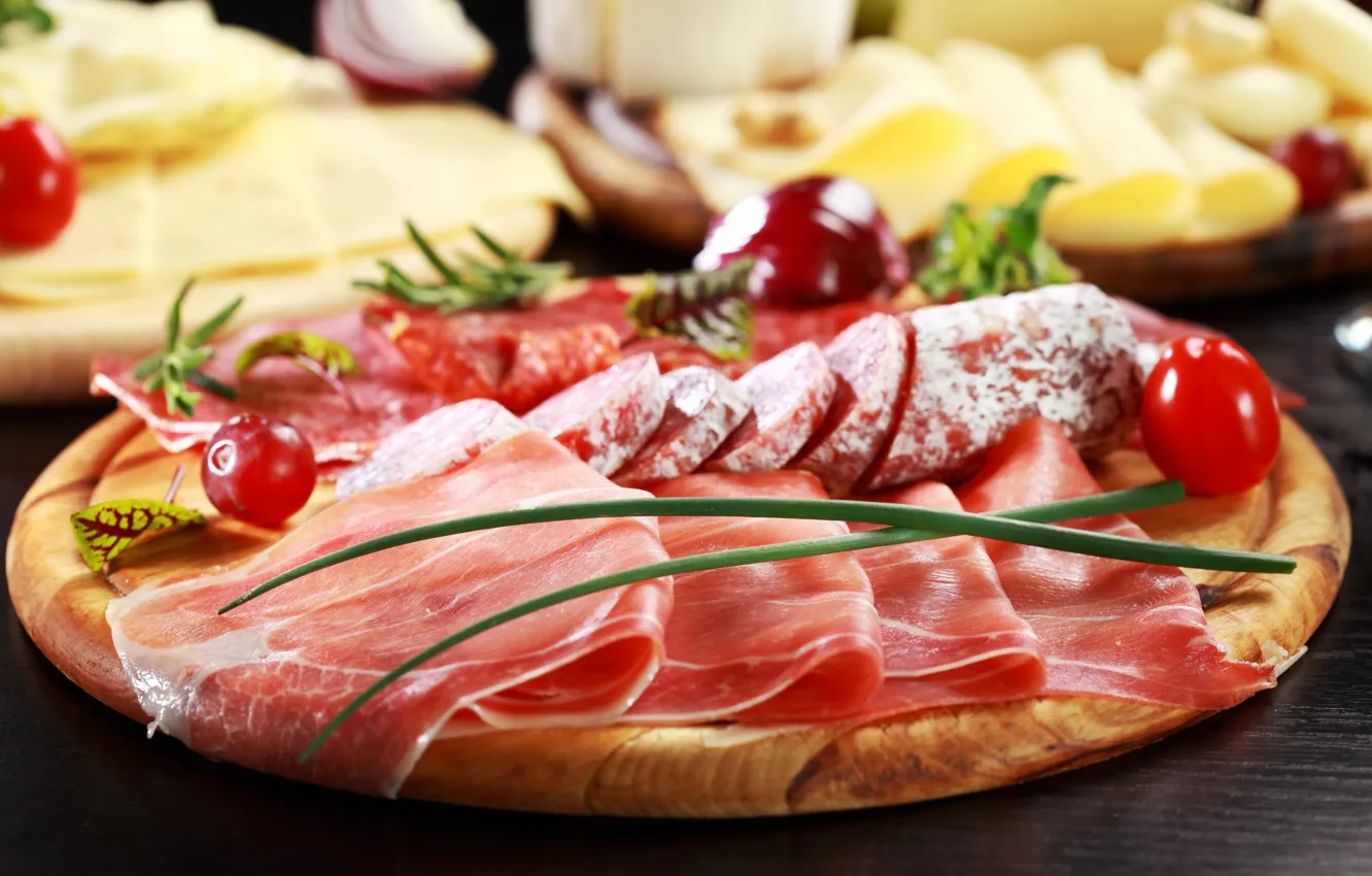 Photo wallpaper cheese, bow, meat, vegetables, tomatoes, sausage, dish, salmon