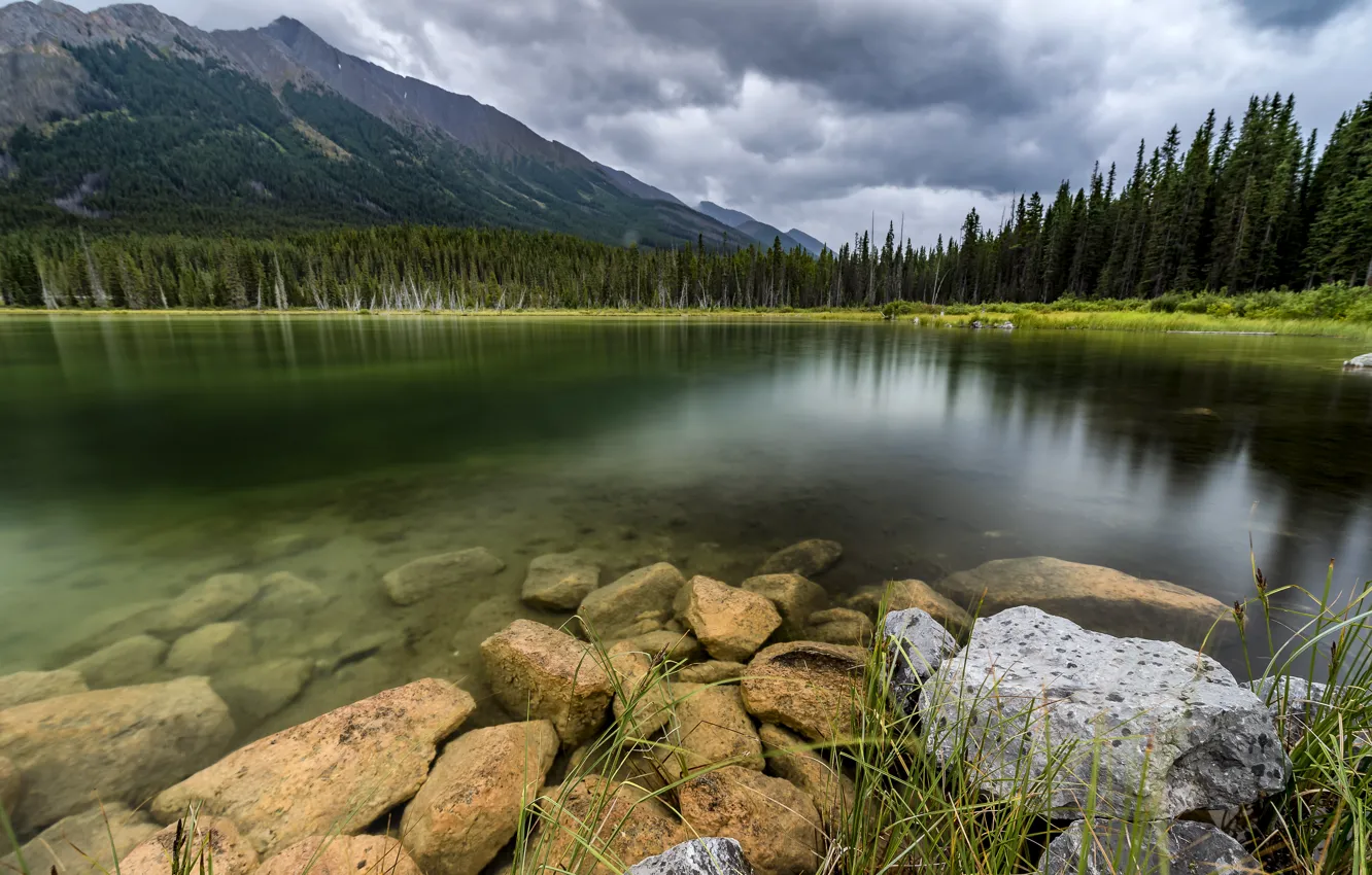 Photo wallpaper forest, mountains, lake, stones