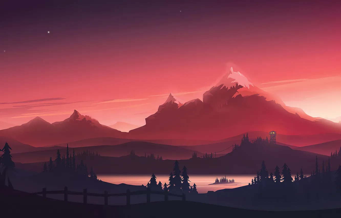 Photo wallpaper forest, the sky, stars, clouds, landscape, sunset, mountains, nature