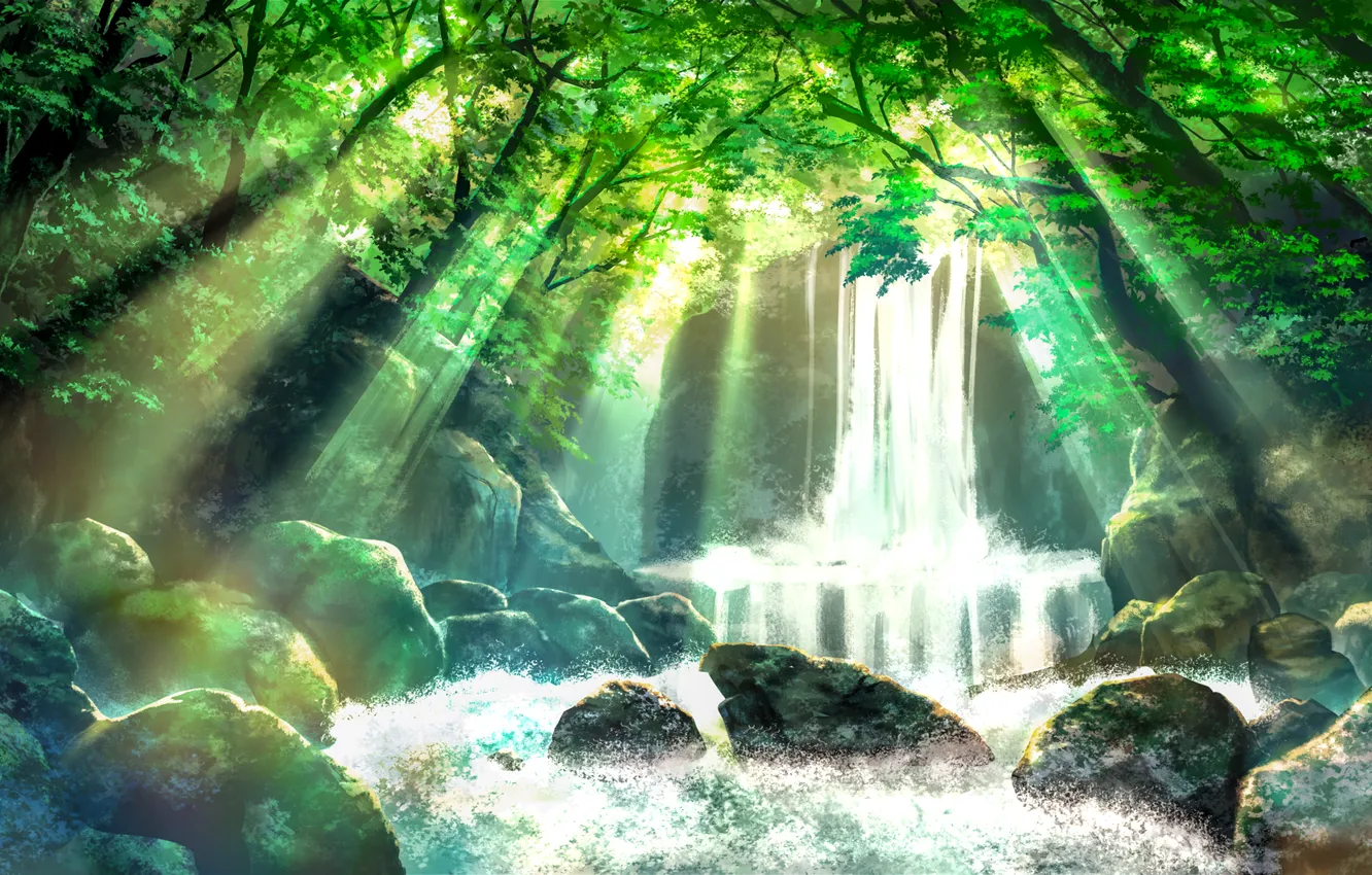 Photo wallpaper forest, rays, landscape, nature, waterfall, pension z