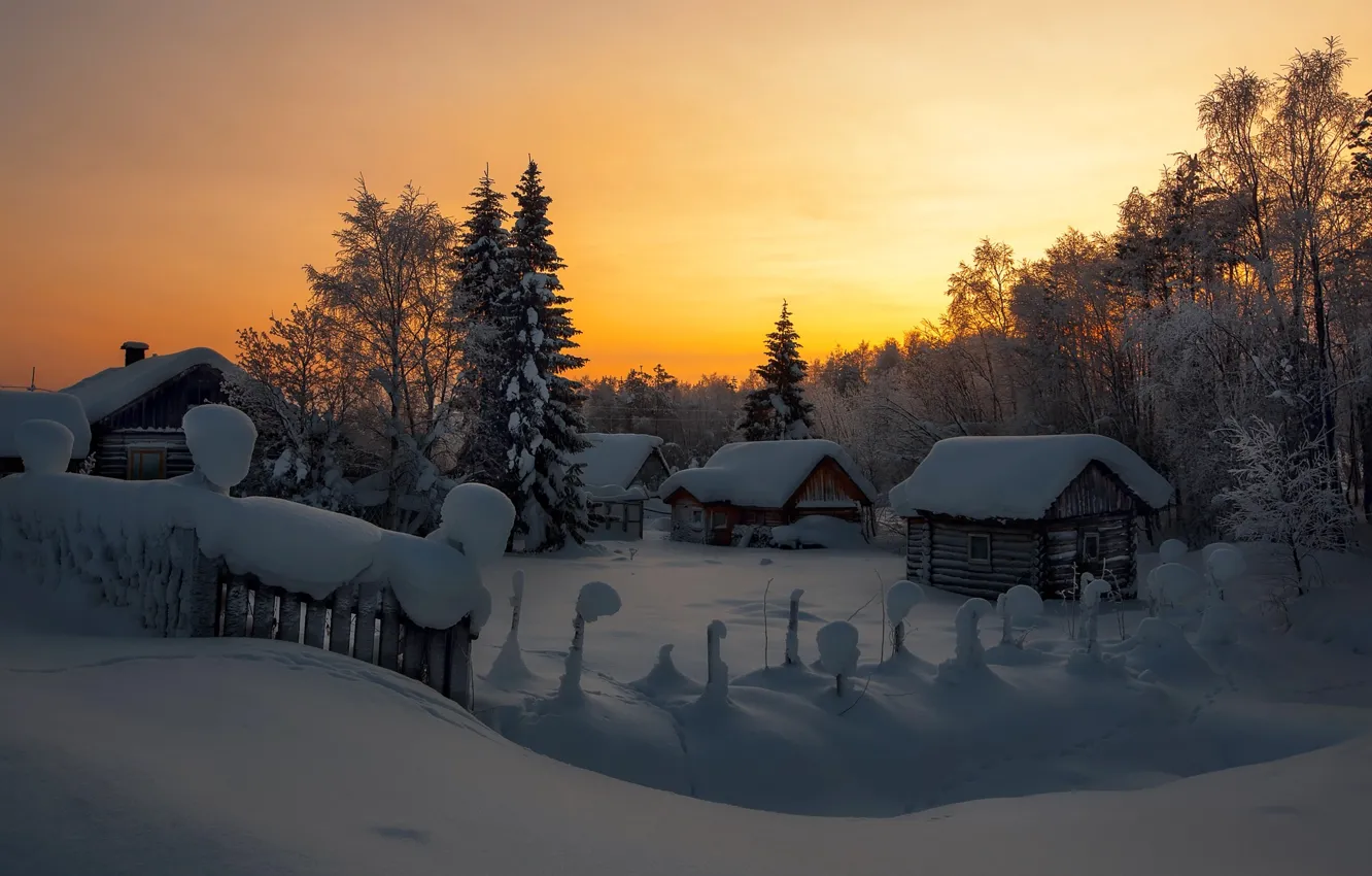 Photo wallpaper winter, snow, trees, sunset, nature, the fence, home, the evening