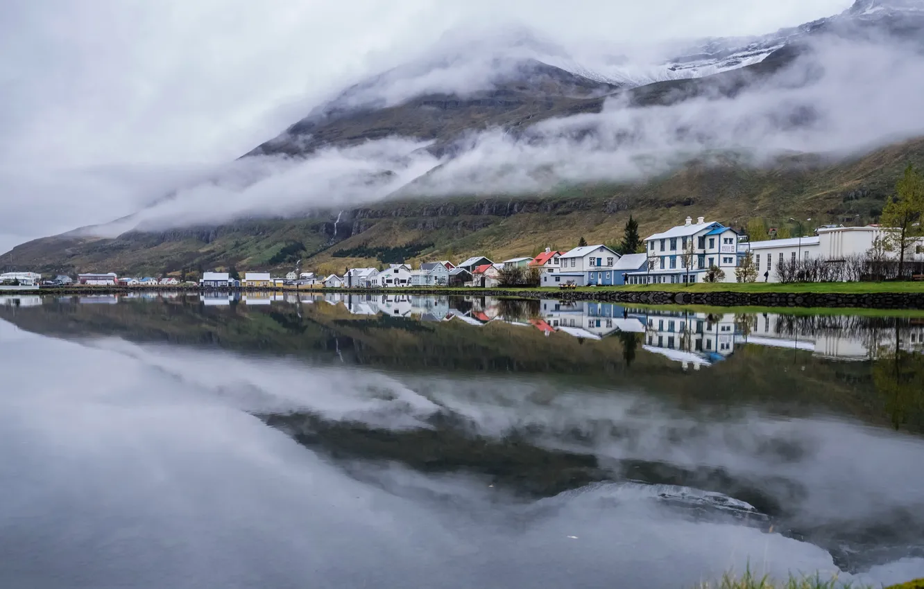 Photo wallpaper clouds, mountains, home, Iceland, harbour, Seyðisfjörður