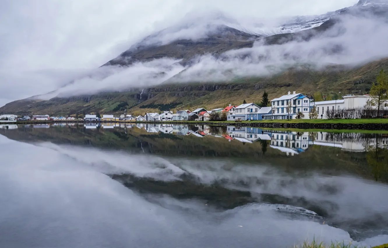 Photo wallpaper Seyðisfjörður, mountains, Iceland, home, clouds, harbour