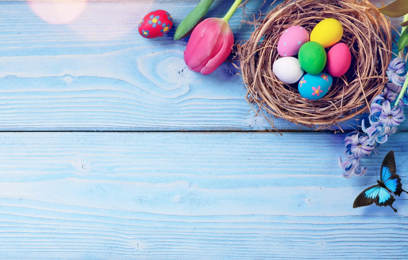 Photo wallpaper flowers, eggs, spring, colorful, Easter, wood, flowers, tulips