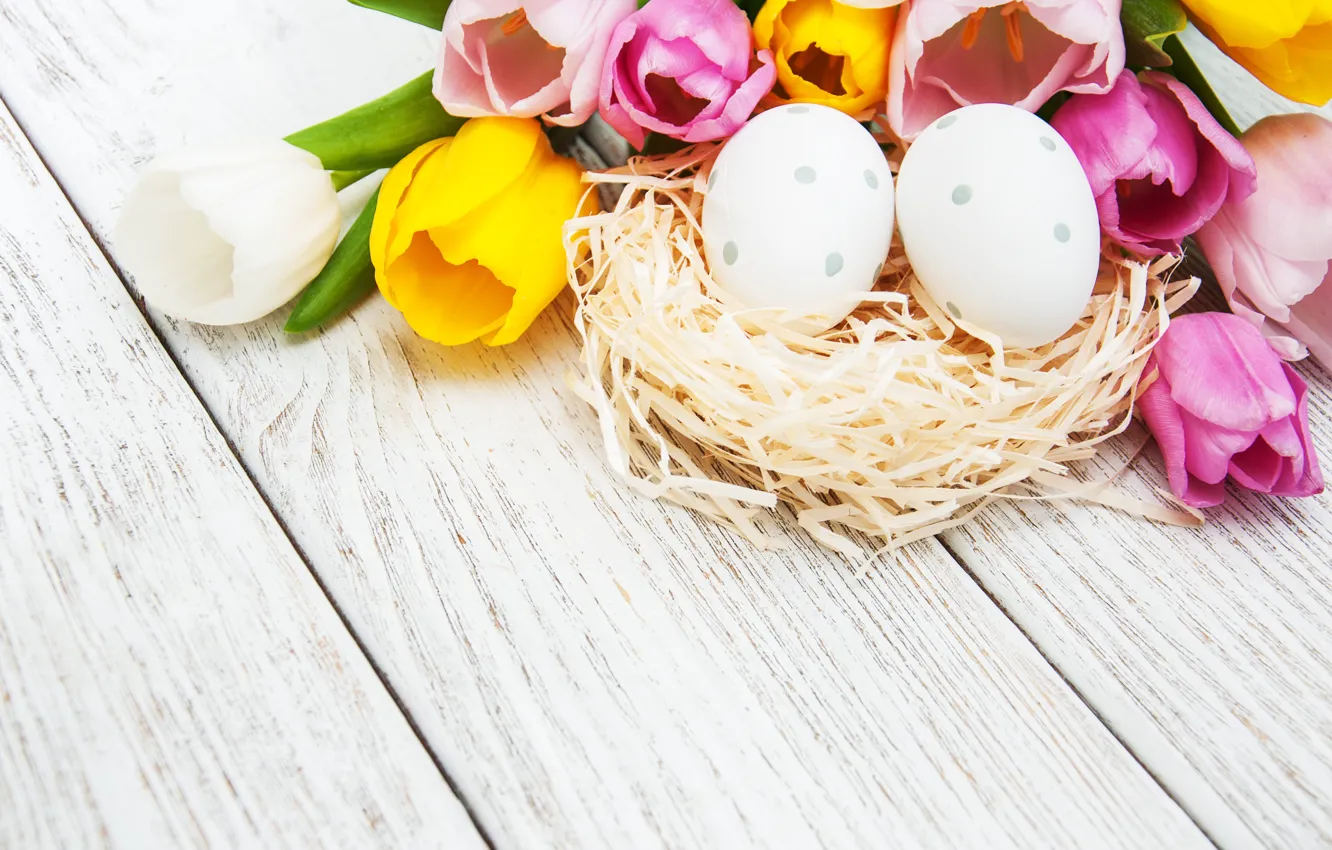 Photo wallpaper flowers, eggs, spring, colorful, Easter, tulips, wood, pink