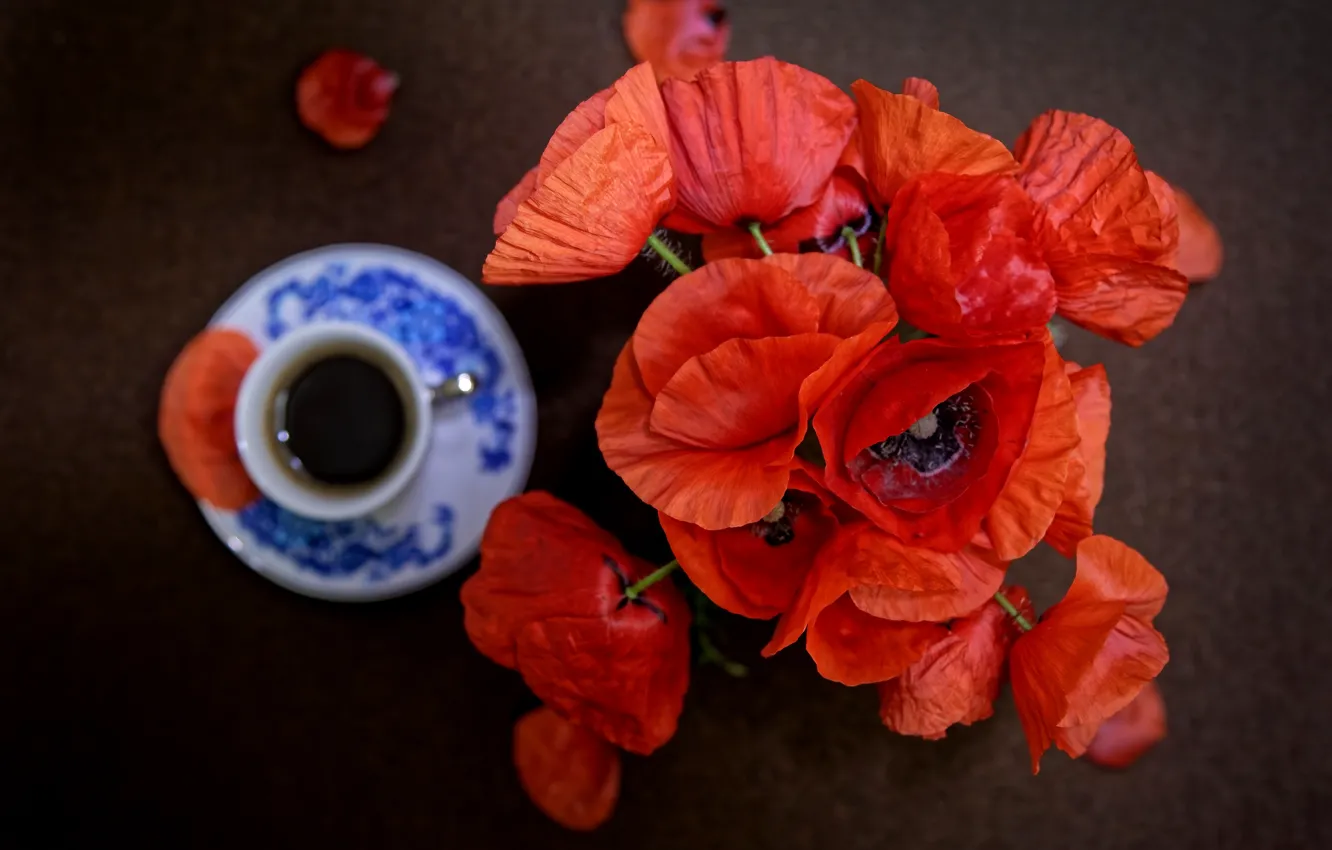 Photo wallpaper flowers, Maki, coffee, bouquet, Cup, drink, still life