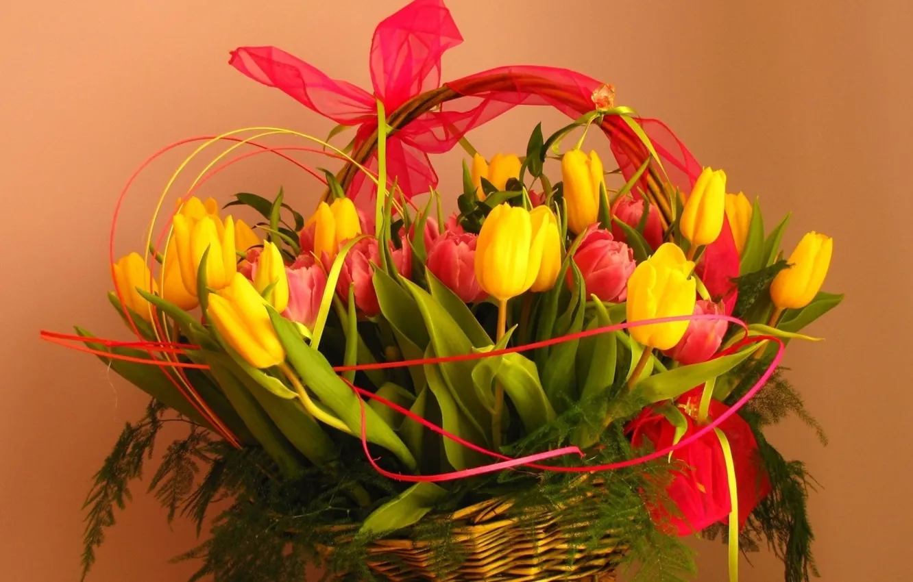 Photo wallpaper basket, bouquet, Tulips, tape