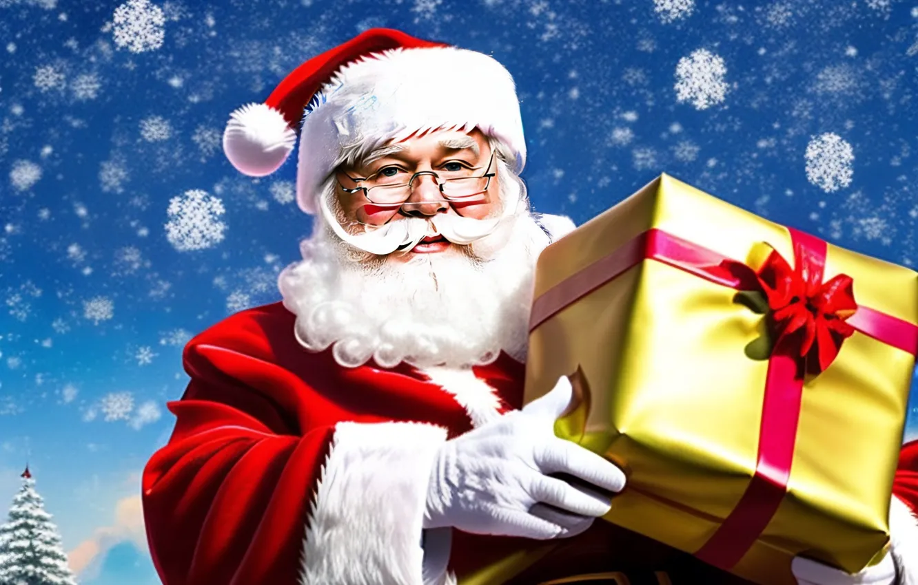 Photo wallpaper snow, winter, AI art, new year decorations, Christmas, Santa Claus, new year, neural network