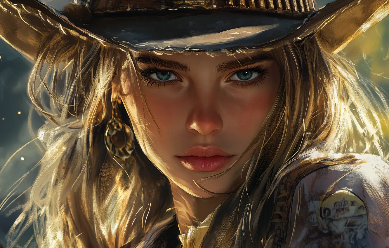 Photo wallpaper girl, hat, eyes, Cowgirl, AI Art