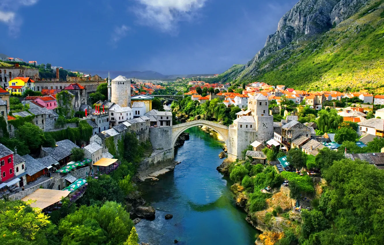 Photo wallpaper trees, mountains, bridge, nature, river, home, town, landscape.