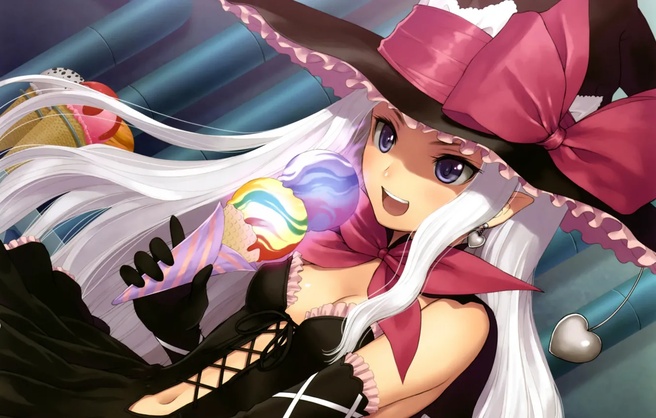 Photo wallpaper joy, hat, ice cream, gloves, bow, white hair, art, lacing