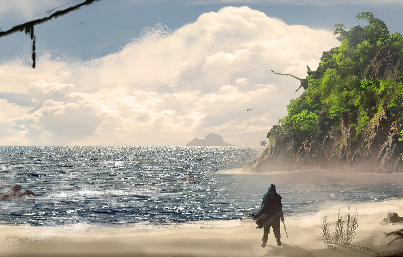 Photo wallpaper sea, beach, the ocean, island, art, pirates, Assassin's Creed IV: Black Flag