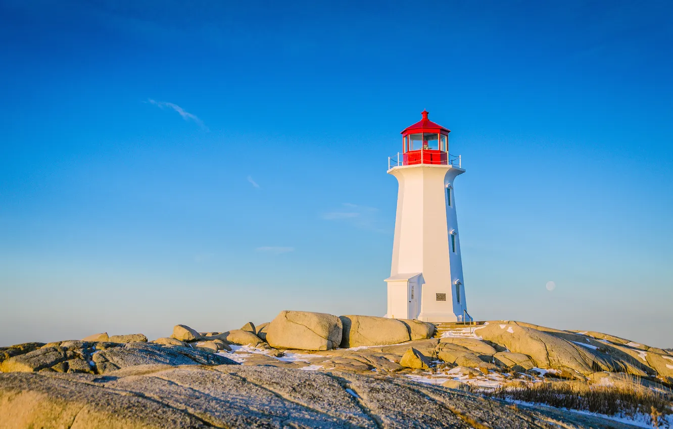 Photo wallpaper winter, the sky, light, snow, rocks, lighthouse, Cape