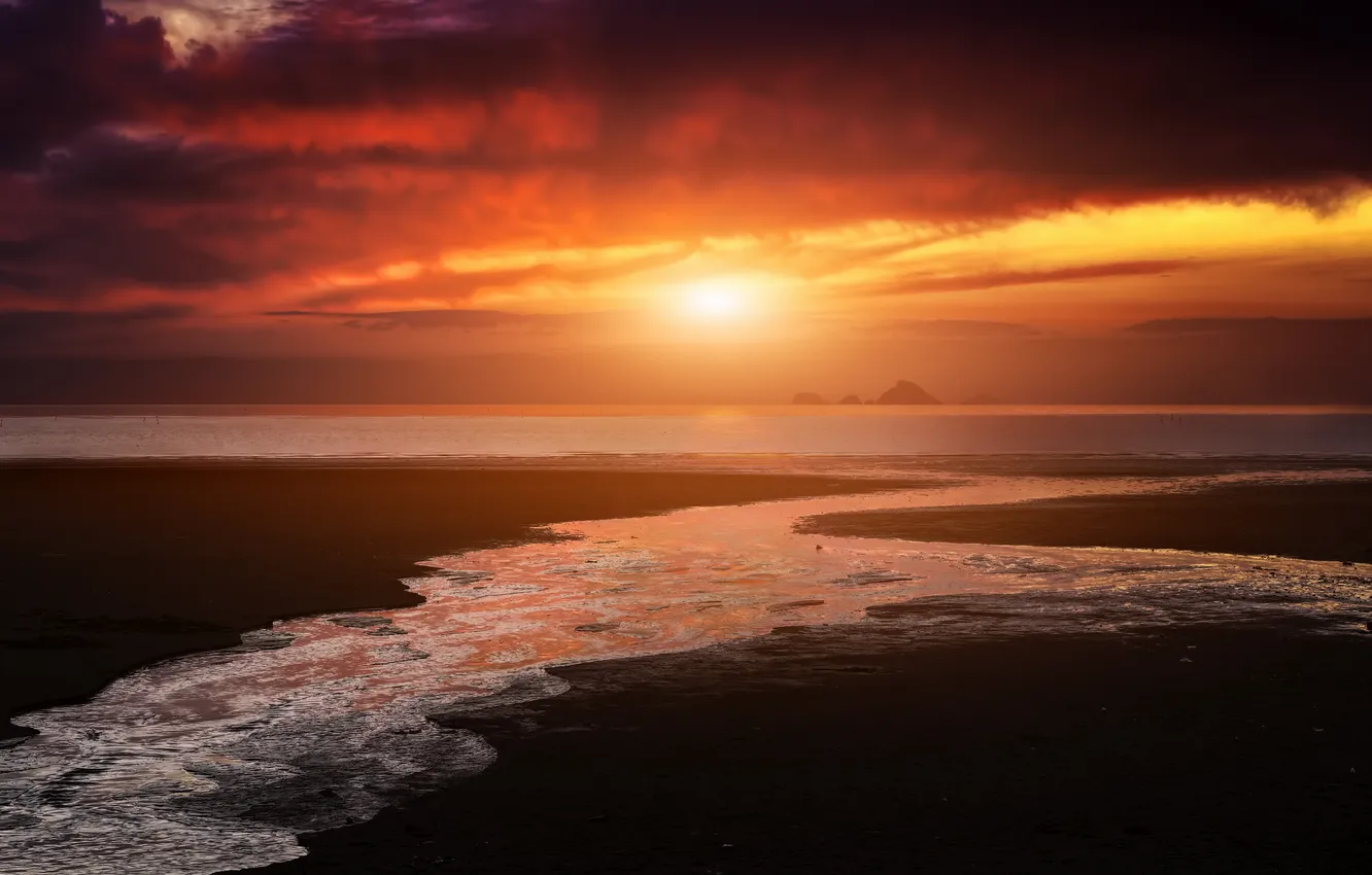 Photo wallpaper sea, beach, sunset, stream, horizon, Islands, orange sky