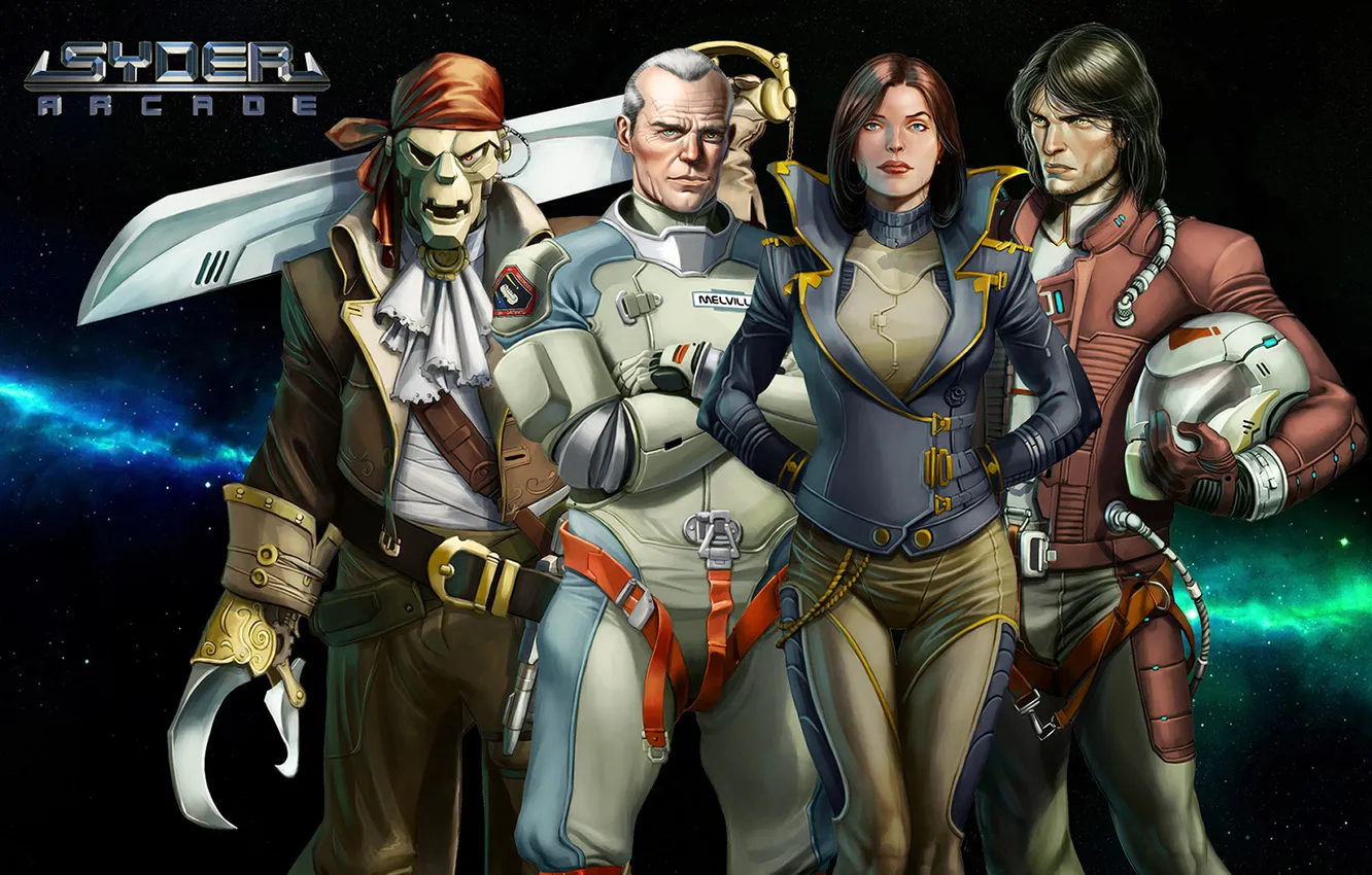 Photo wallpaper girl, stars, sword, skeleton, galaxy, helmet, characters, astronaut