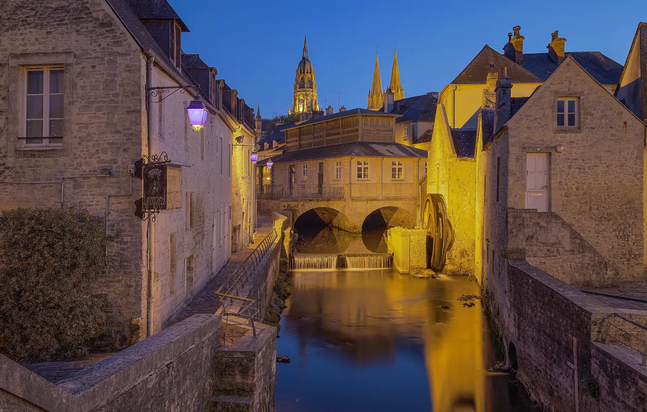 Photo wallpaper bridge, lights, France, home, Normandy, Bayeux