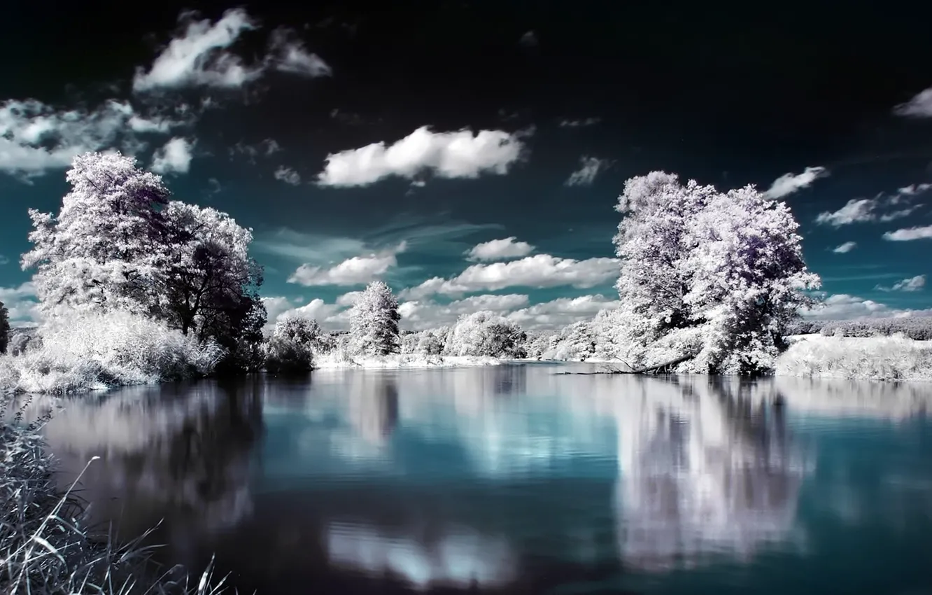 Photo wallpaper water, clouds, snow, trees
