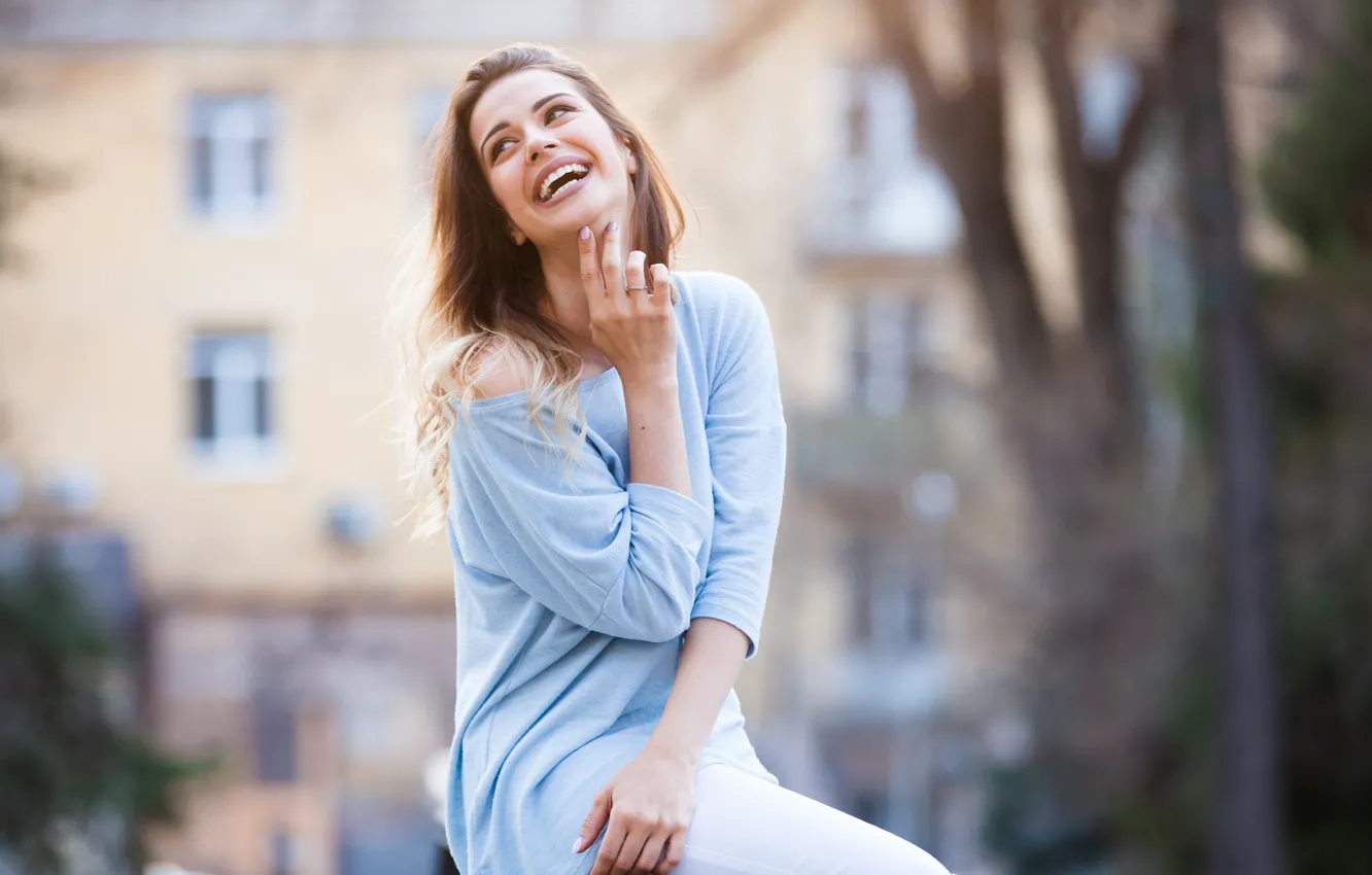 Photo wallpaper girl, pose, smile, mood, hands, dress, bokeh, Eugene Balagula