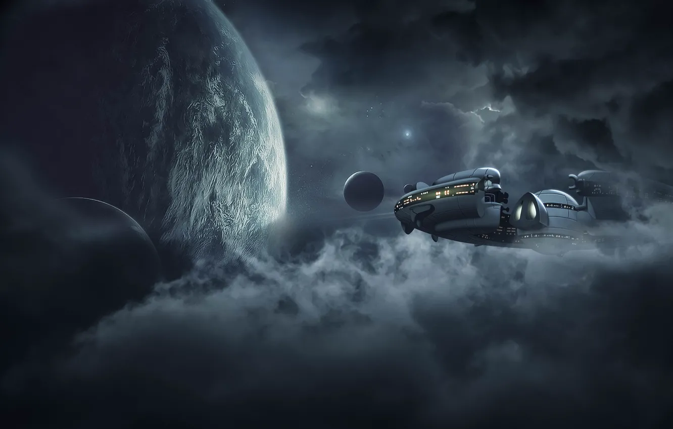 Photo wallpaper space, clouds, light, flight, rendering, fiction, planet, UFO