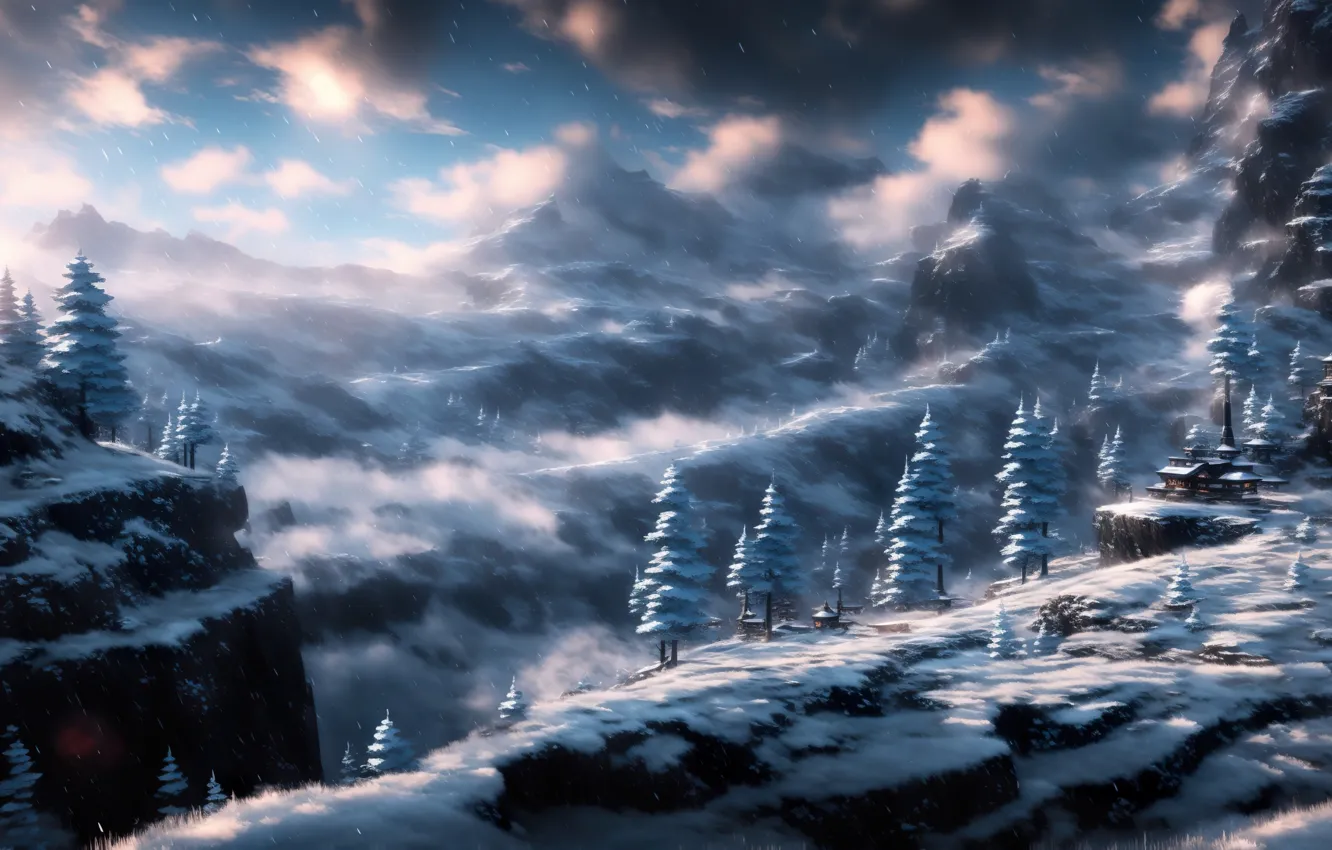Photo wallpaper fantasy, landscape, art, winter, village, Mount, Snow Storm, Stable Diffusion