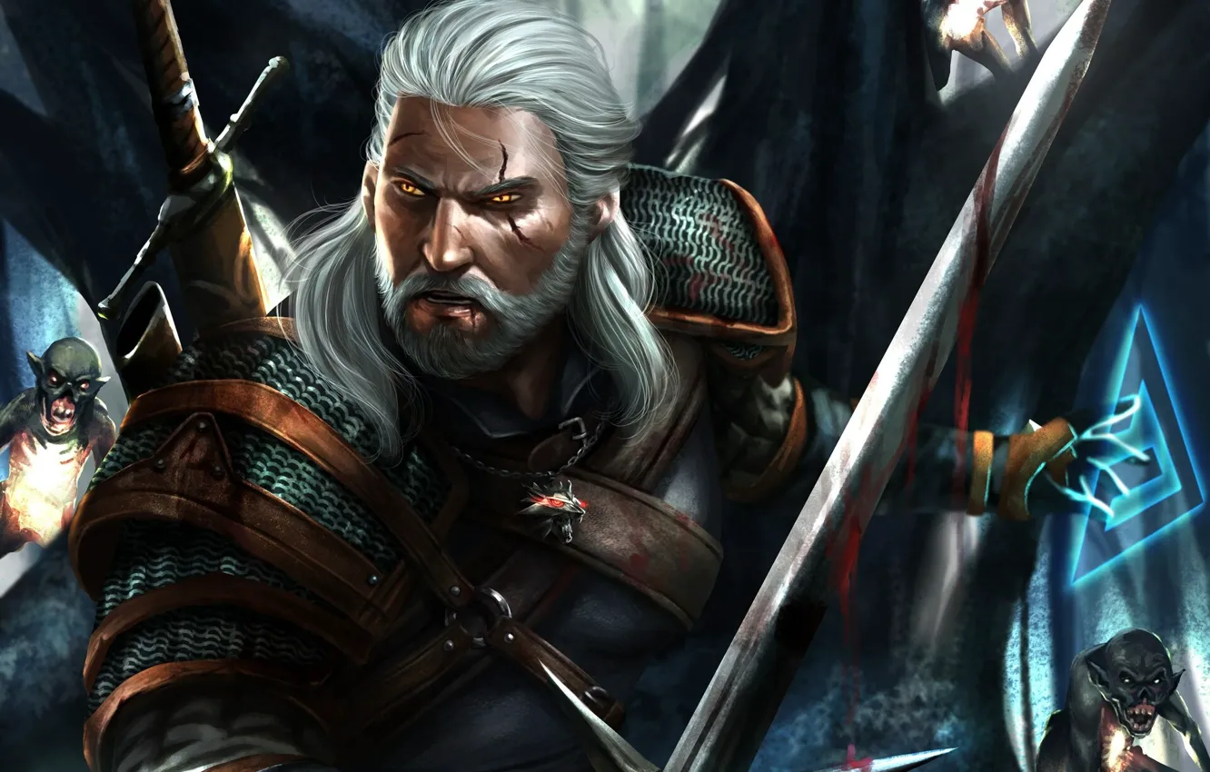 Photo wallpaper forest, warrior, goblins, Geralt of Rivia, The Witcher 3: Wild Hunt