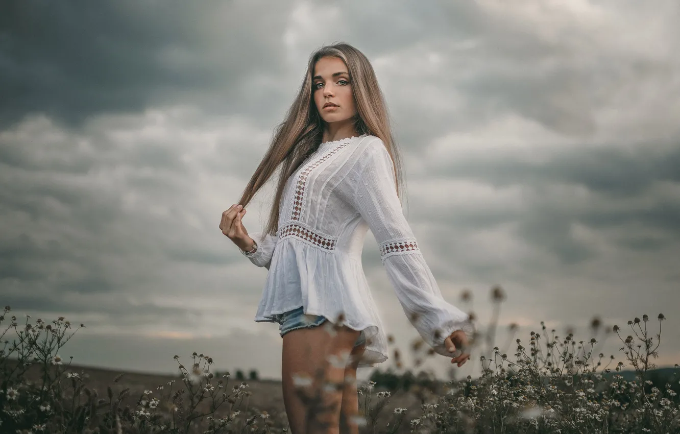 Photo wallpaper girl, shorts, nature, beautiful, model, cute, long-haired