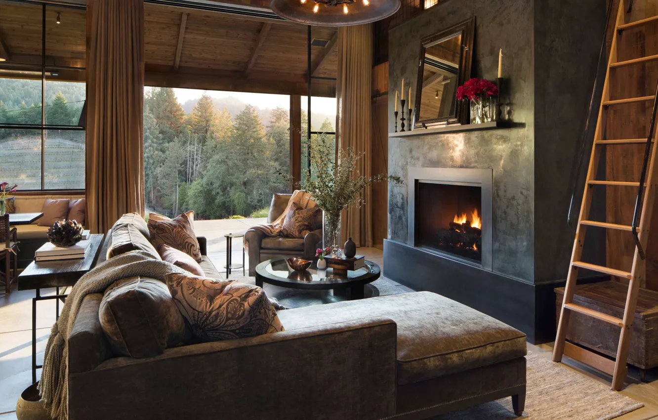 Photo wallpaper design, style, interior, fireplace, cottage, United States, California, living room
