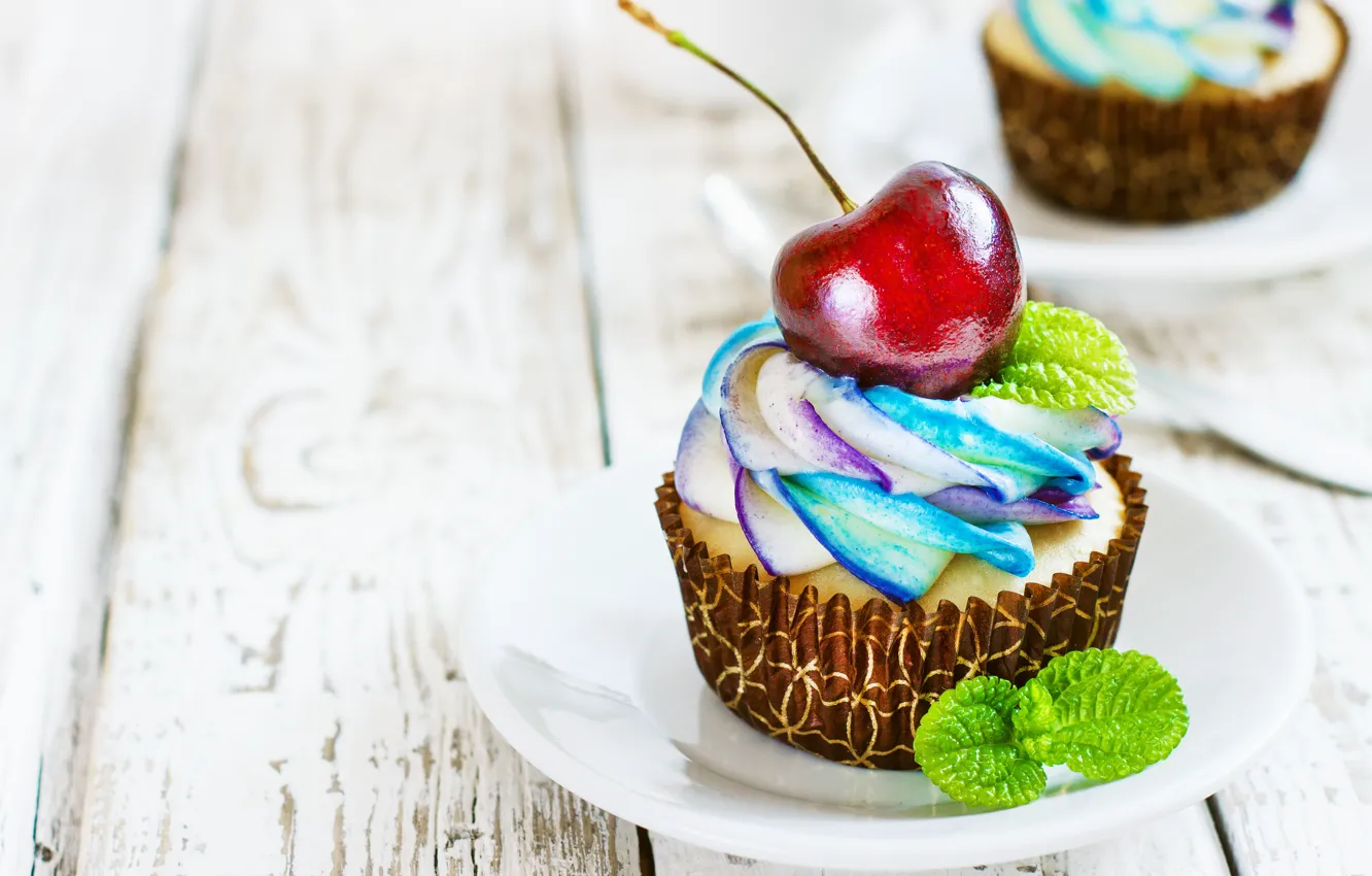Photo wallpaper cherry, Aksana Yasiuchenia, cream, cake, cupcakes