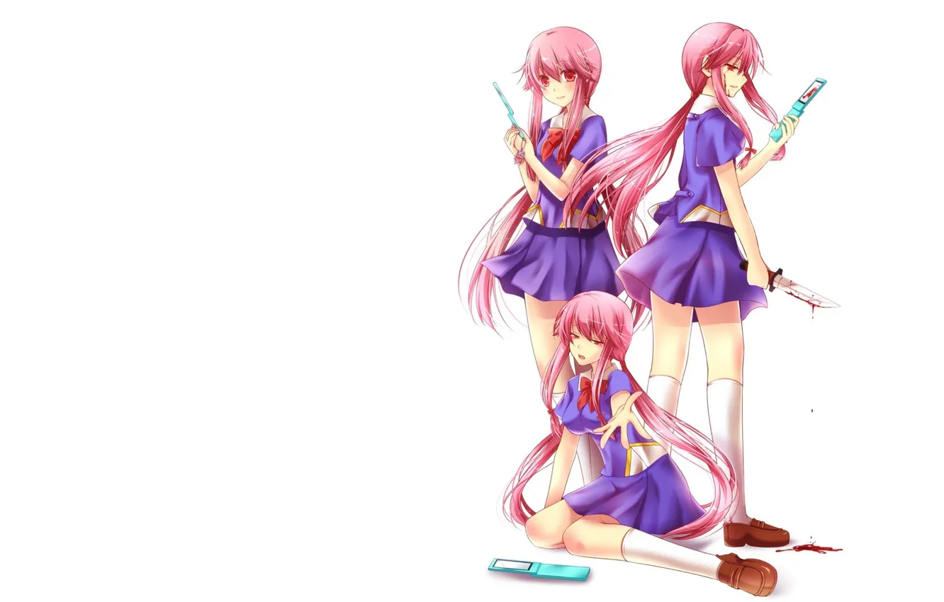 Photo wallpaper blood, long hair, anime, red eyes, knife, Mirai Nikki, anime girls, Gasai Yuno