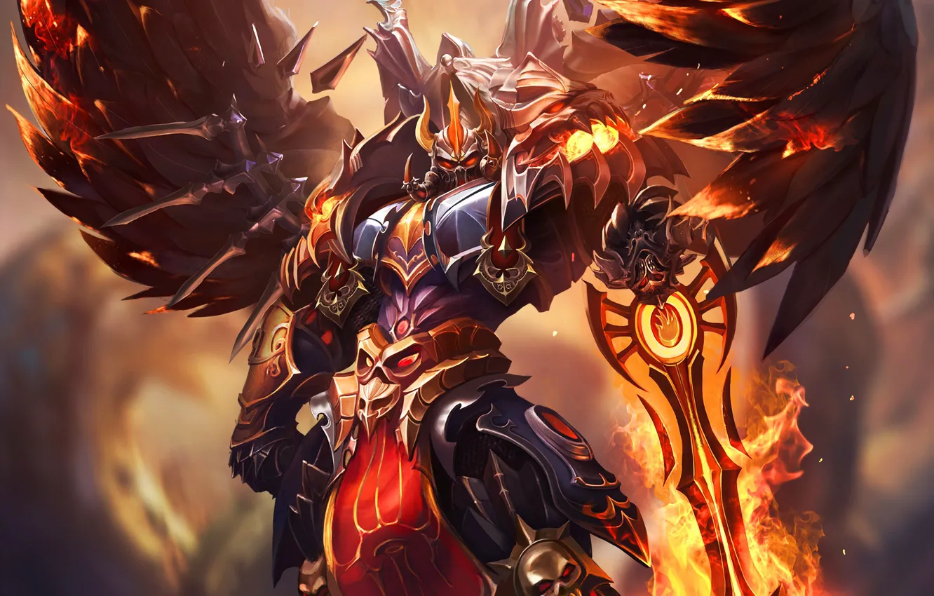 Photo wallpaper lights, style, fiction, flame, wings, sword, armor, warrior