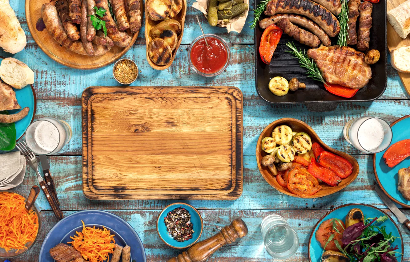 Photo wallpaper beer, meat, BBQ, vegetables, wood, meat, grill, grilled