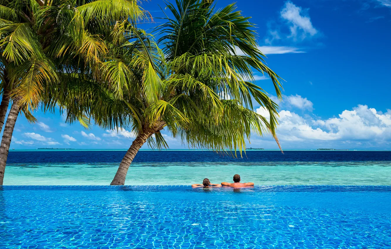 Photo wallpaper sea, palm trees, pool