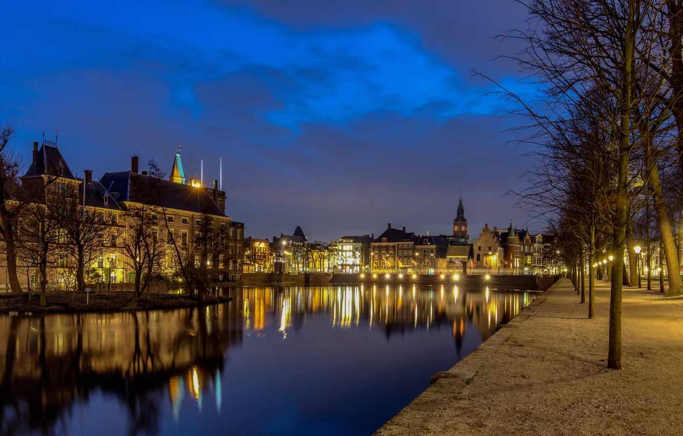 Photo wallpaper lights, home, the evening, Netherlands, promenade, The Hague