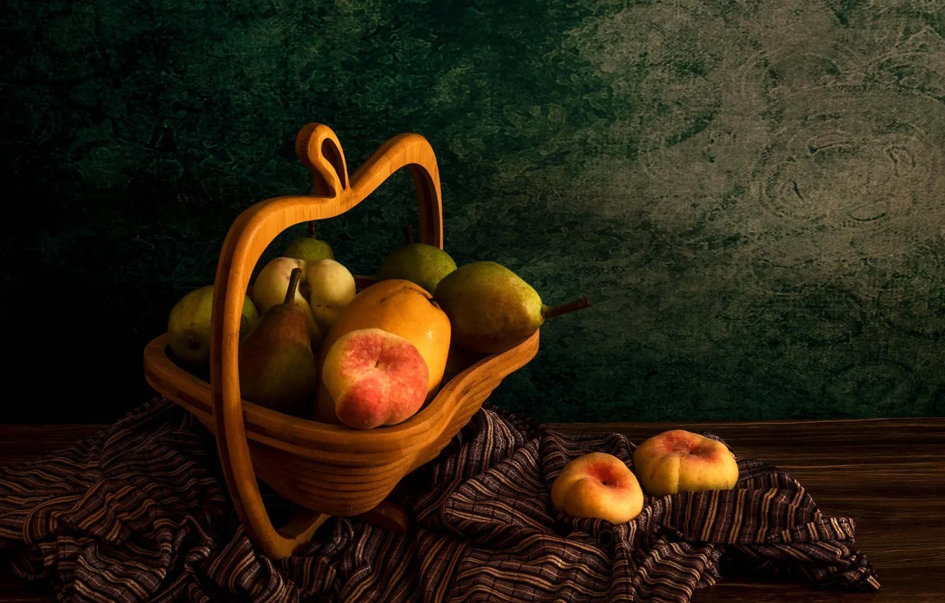 Photo wallpaper the dark background, table, fabric, fruit, mango, still life, peaches, pear