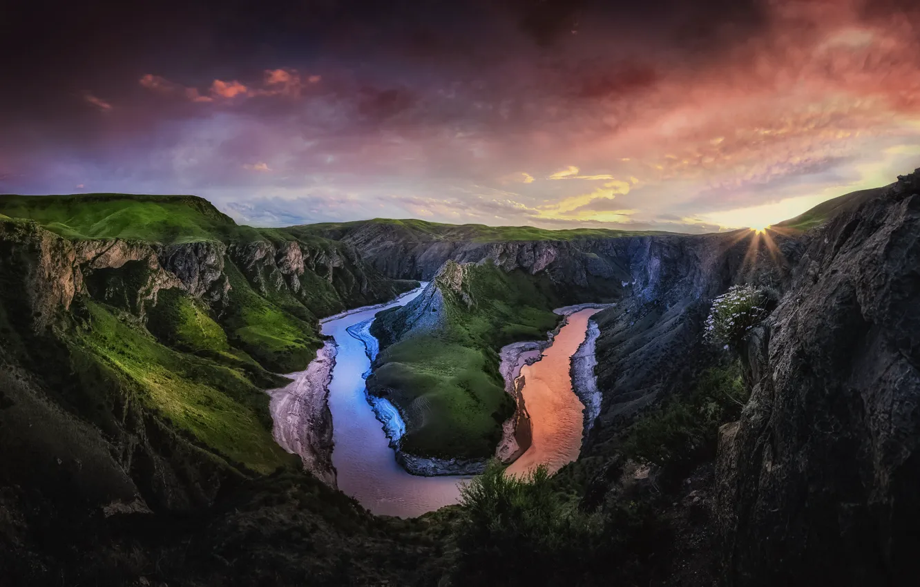 Photo wallpaper the sky, the sun, clouds, light, mountains, river, rocks, the evening