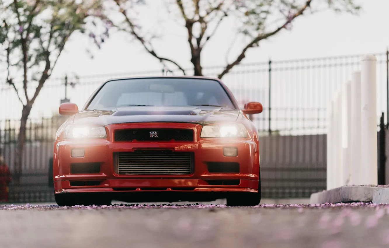 Photo wallpaper Nissan, Red, GT-R, R34, Front view