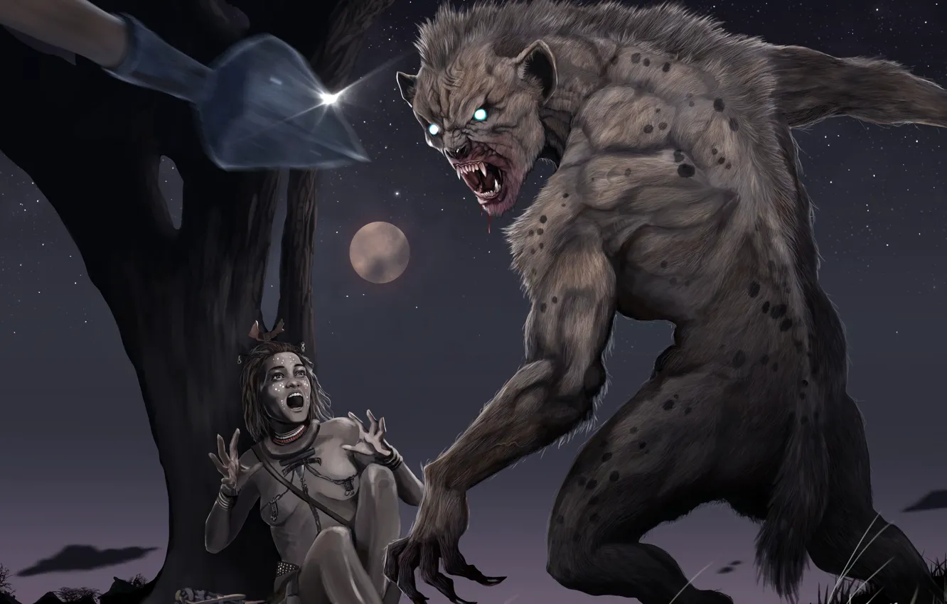 Photo wallpaper girl, night, the moon, spear, werewolf