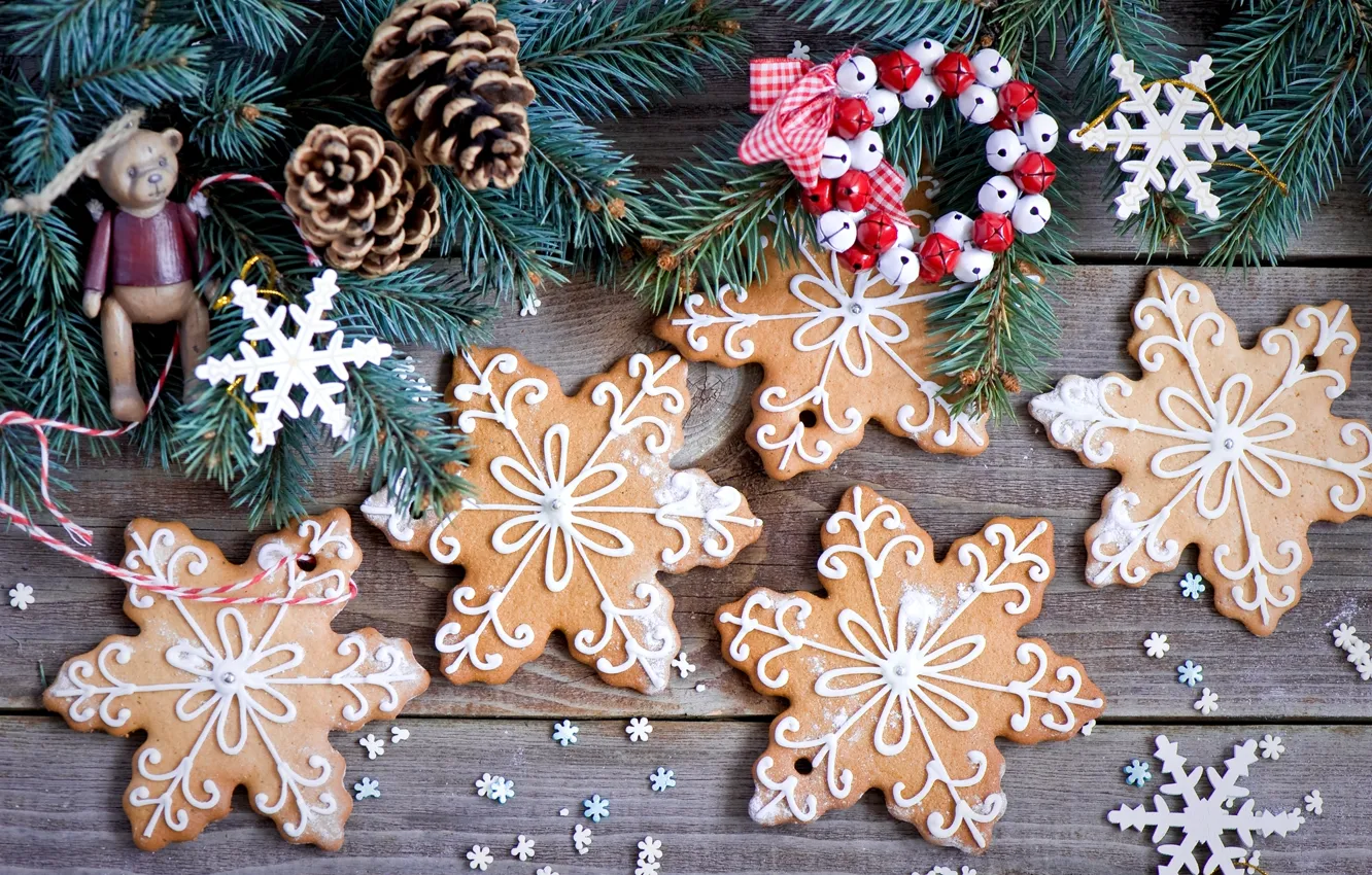 Photo wallpaper winter, snowflakes, branches, holiday, toy, tree, food, spruce