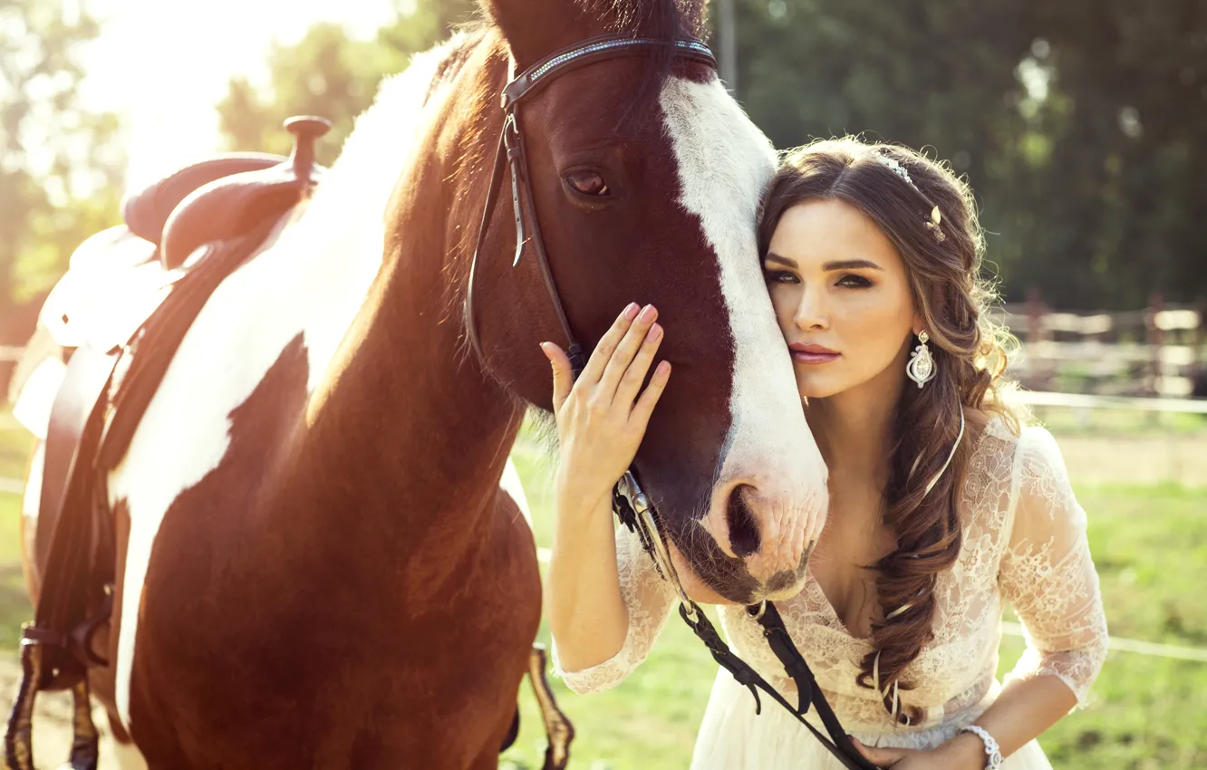 Photo wallpaper horse, makeup, dress, hairstyle, brown hair, beautiful, in white