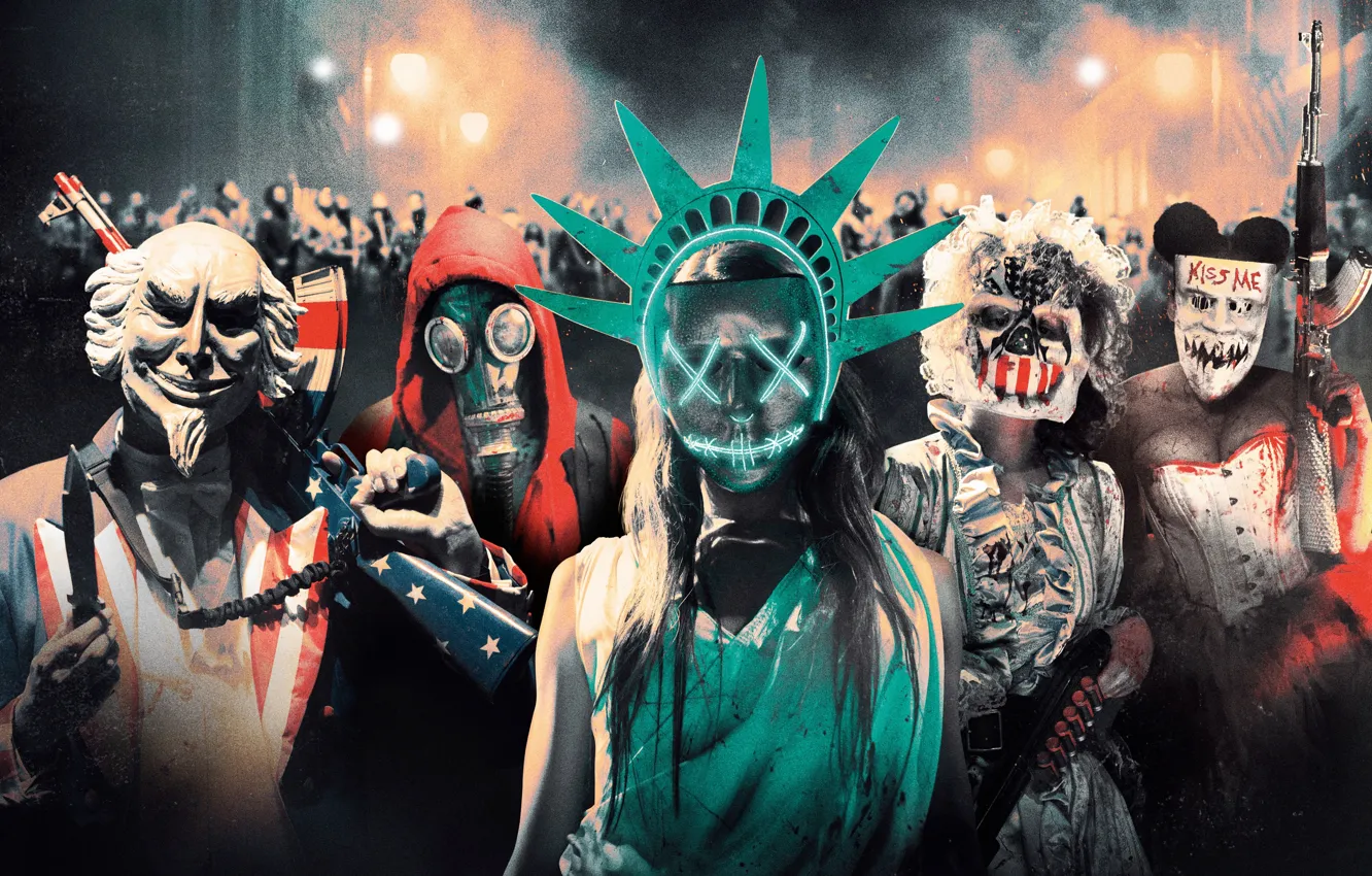 Photo wallpaper night, lights, weapons, people, fiction, mask, Thriller, action