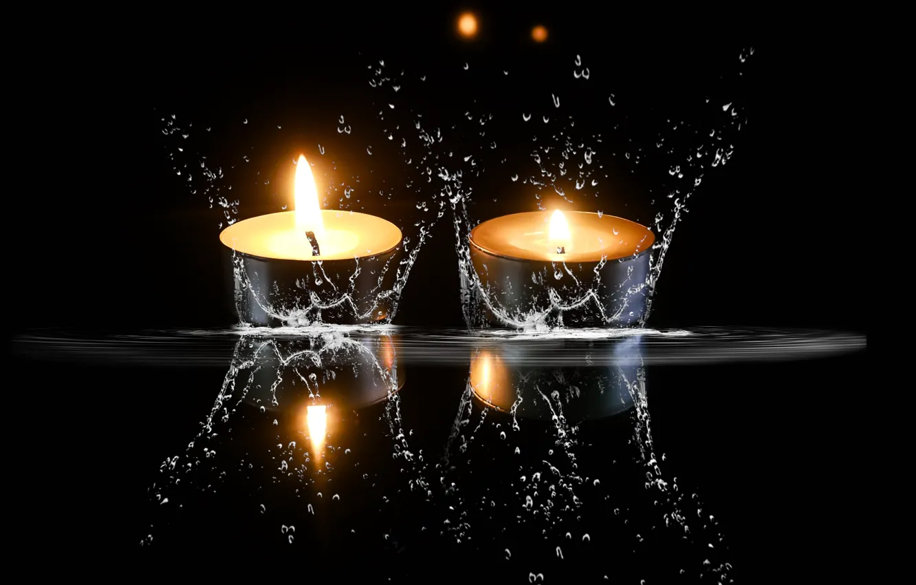 Photo wallpaper water, drops, squirt, lights, reflection, flame, two, candles